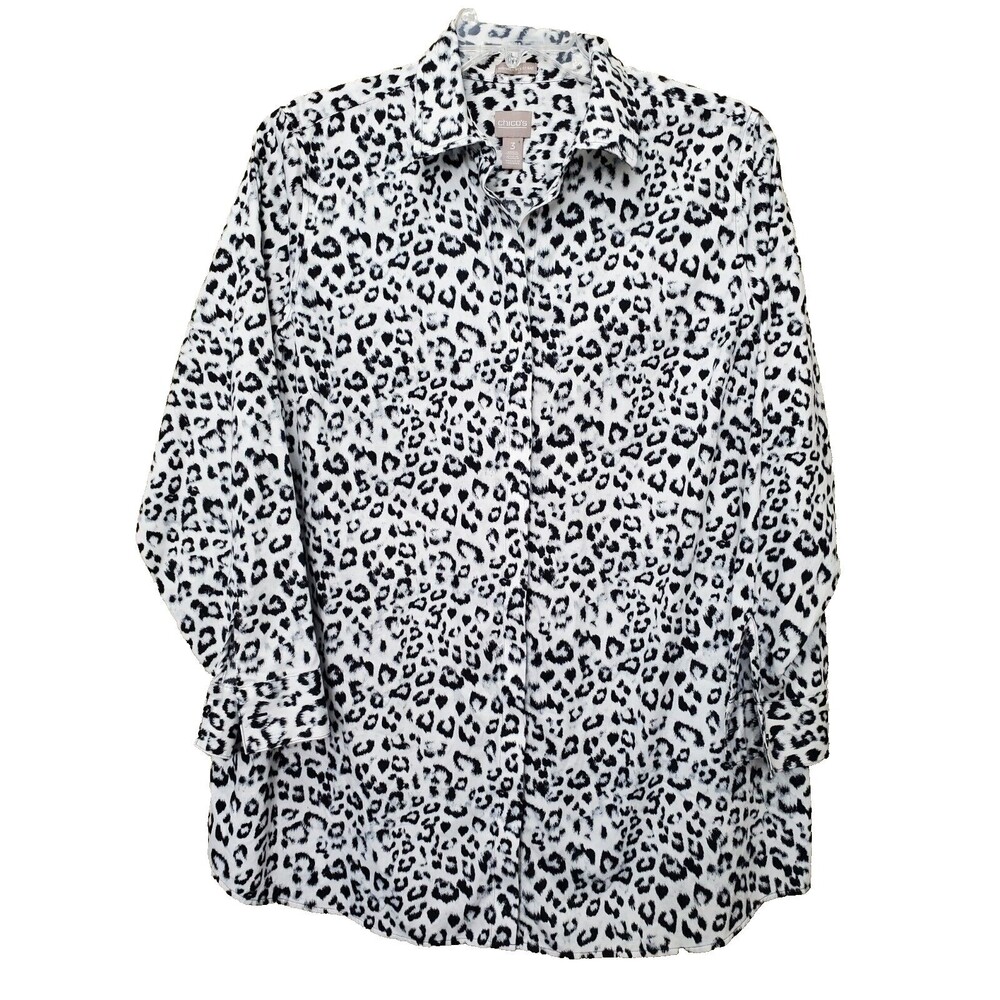 Chico's Wrinkle Resistant 100% Cotton Animal Print Roll-Tab Sleeve Button-Up XL